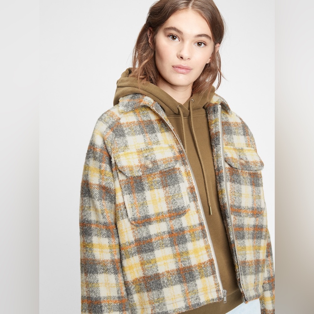 NWT Gap Cropped Wool Shirt Jacket in Yellow Plaid, XL